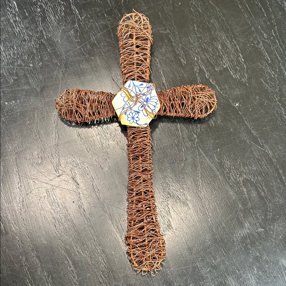 Woven rustic rusted Wire Cross with Floral tile Accent- religious decor